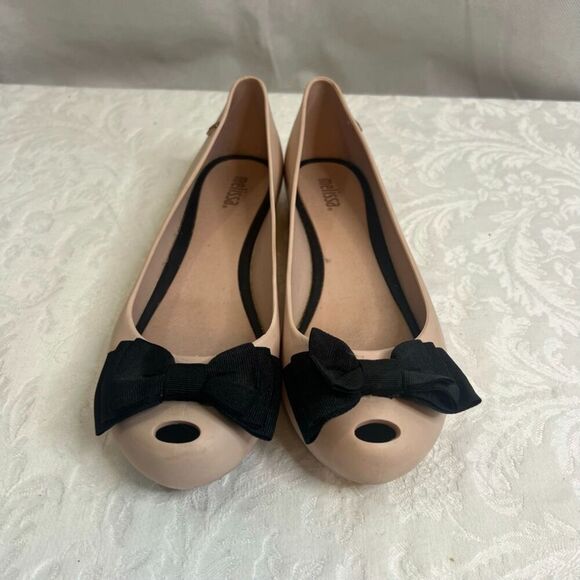 Melissa Pink Ballet Flats with Black Bow Rubber Slip On Size 7 - Picture 11 of 11